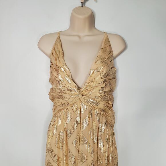 Ramy Brook Toby Twist Front Metallic Jacquard Gown Dress Soft Gold Combo Size 14 - Picture 3 of 11